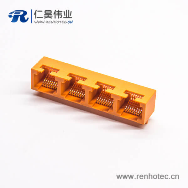 rj45模塊90度母頭接插件橙色單排4端口8p8c彎插PCB板不帶屏蔽