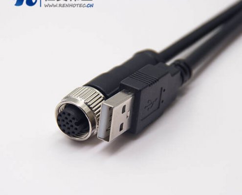 m12轉USB接線180度m12A型17芯轉USB Type A公頭1M AWG26不帶屏蔽